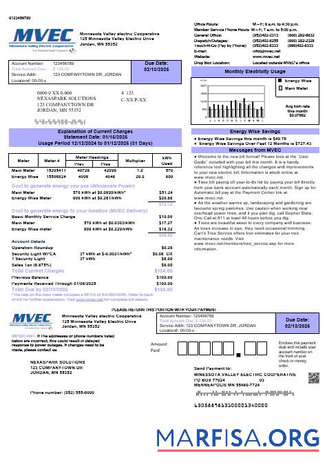 Downloadable USA Minnesota Valley Electric Cooperative (MVEC) business utility bill template in Word and PDF formats